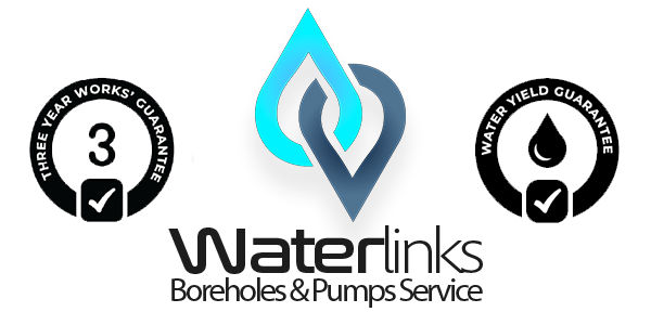 WaterLinks Borehole Services logo with 3-year works and water yield guarantee seals